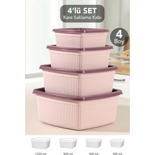 Meleni Home 4'lü Çizgili Kare Saklama Kabı Seti - Mikrodalgaya Uygun Gıda Kabı 1,35L 0,85L 0,5l 0,3l Pembe