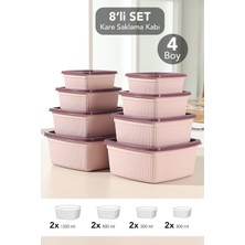 Meleni Home 8'li Çizgili Kare Saklama Kabı Seti - Mikrodalgaya Uygun Gıda Kabı 1,35L 0,85L 0,5l 0,3l Pembe