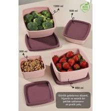 Meleni Home 20'li Çizgili Kare Saklama Kabı Seti - Mikrodalgaya Uygun Gıda Kabı 1,35L 0,85L 0,5l 0,3l Pembe