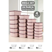 Meleni Home 24'lü Çizgili Kare Saklama Kabı Seti - Mikrodalgaya Uygun Gıda Kabı 1,35L 0,85L 0,5l 0,3l Pembe
