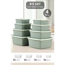 Meleni Home 8'li Çizgili Kare Saklama Kabı Seti - Mikrodalgaya Uygun Gıda Kabı 1,35L 0,85L 0,5l 0,3l Yeşil