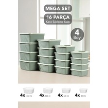 Meleni Home 16'lı Çizgili Kare Saklama Kabı Seti - Mikrodalgaya Uygun Gıda Kabı 1,35L 0,85L 0,5l 0,3l Yeşil