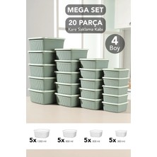 Meleni Home 20'li Çizgili Kare Saklama Kabı Seti - Mikrodalgaya Uygun Gıda Kabı 1,35L 0,85L 0,5l 0,3l Yeşil