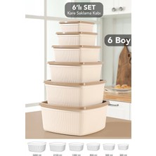 Meleni Home 6'lı Çizgili Kare Saklama Kabı Seti - Mikrodalgaya Uygun Düzenleyici Erzak Gıda Kabı 6 Boy Bej