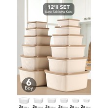 Meleni Home 12'li Çizgili Kare Saklama Kabı Seti - Mikrodalgaya Uygun Düzenleyici Erzak Gıda Kabı 6 Boy Bej