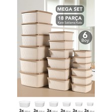 Meleni Home 18'li Çizgili Kare Saklama Kabı Seti - Mikrodalgaya Uygun Düzenleyici Erzak Gıda Kabı 6 Boy Bej