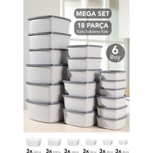 Meleni Home 18'li Çizgili Kare Saklama Kabı Seti - Mikrodalgaya Uygun Düzenleyici Erzak Gıda Kabı 6 Boy Gri