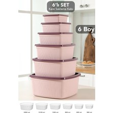 Meleni Home 6'lı Çizgili Kare Saklama Kabı Seti - Mikrodalgaya Uygun Düzenleyici Erzak Gıda Kabı 6 Boy Pembe