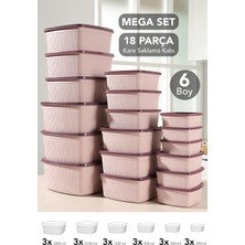 Meleni Home 18'li Çizgili Kare Saklama Kabı Seti - Mikrodalgaya Uygun Düzenleyici Erzak Gıda Kabı 6 Boy Pembe