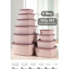 Meleni Home 10'lu Çizgili Kare Saklama Kabı Seti - 6 Boy Mikrodalgaya Uygun Düzenleyici Erzak Gıda Kabı Pembe