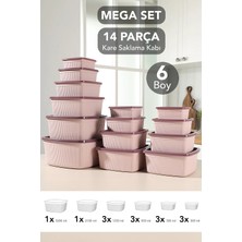 Meleni Home 14'lü Çizgili Kare Saklama Kabı Seti - 6 Boy Mikrodalgaya Uygun Düzenleyici Erzak Gıda Kabı Pembe