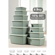 Meleni Home 10'lu Çizgili Kare Saklama Kabı Seti - 6 Boy Mikrodalgaya Uygun Düzenleyici Erzak Gıda Kabı Yeşil