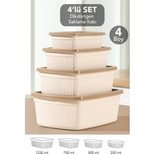 Meleni Home 4'lü Çizgili Dikdörtgen Saklama Kabı Seti - Mikrodalgaya Uygun Gıda Kabı 1,25L 0,75L 0,5l 0,25L Bej