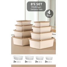 Meleni Home 8'li Çizgili Dikdörtgen Saklama Kabı Seti - Mikrodalgaya Uygun Gıda Kabı 1,25L 0,75L 0,5l 0,25L Bej
