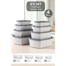 Meleni Home 8'li Çizgili Dikdörtgen Saklama Kabı Seti - Mikrodalgaya Uygun Gıda Kabı 1,25L 0,75L 0,5l 0,25L Gri