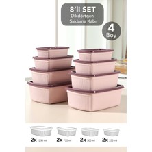 Meleni Home 8li Çizgili Dikdörtgen Saklama Kabı Seti - Mikrodalgaya Uygun Gıda Kabı 1,25L 0,75L 0,5l 0,25L Pembe