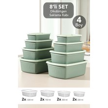 Meleni Home 8li Çizgili Dikdörtgen Saklama Kabı Seti - Mikrodalgaya Uygun Gıda Kabı 1,25L 0,75L 0,5l 0,25L Yeşil