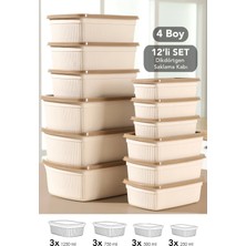 Meleni Home 12'li Çizgili Dikdörtgen Saklama Kabı Seti - Mikrodalgaya Uygun Gıda Kabı 1,25L 0,75L 0,5l 0,25L Bej