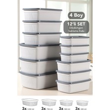 Meleni Home 12'li Çizgili Dikdörtgen Saklama Kabı Seti - Mikrodalgaya Uygun Gıda Kabı 1,25L 0,75L 0,5l 0,25L Gri