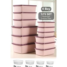 Meleni Home 12LI Çizgili Dikdörtgen Saklama Kabı Seti -Mikrodalgaya Uygun Gıda Kabı 1,25L 0,75L 0,5l 0,25L Pembe