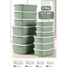 Meleni Home 12LI Çizgili Dikdörtgen Saklama Kabı Seti -Mikrodalgaya Uygun Gıda Kabı 1,25L 0,75L 0,5l 0,25L Yeşil