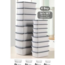 Meleni Home 16'lı Çizgili Dikdörtgen Saklama Kabı Seti - Mikrodalgaya Uygun Gıda Kabı 1,25L 0,75L 0,5l 0,25L Gri