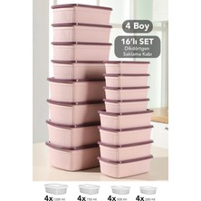Meleni Home 16LI Çizgili Dikdörtgen Saklama Kabı Seti -Mikrodalgaya Uygun Gıda Kabı 1,25L 0,75L 0,5l 0,25L Pembe