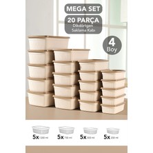 Meleni Home 20'li Çizgili Dikdörtgen Saklama Kabı Seti - Mikrodalgaya Uygun Gıda Kabı 1,25L 0,75L 0,5l 0,25L Bej