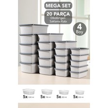 Meleni Home 20'li Çizgili Dikdörtgen Saklama Kabı Seti - Mikrodalgaya Uygun Gıda Kabı 1,25L 0,75L 0,5l 0,25L Gri