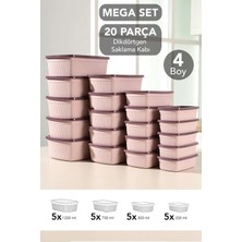 Meleni Home 20LI Çizgili Dikdörtgen Saklama Kabı Seti -Mikrodalgaya Uygun Gıda Kabı 1,25L 0,75L 0,5l 0,25L Pembe