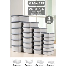 Meleni Home 24'lü Çizgili Dikdörtgen Saklama Kabı Seti - Mikrodalgaya Uygun Gıda Kabı 1,25L 0,75L 0,5l 0,25L Gri