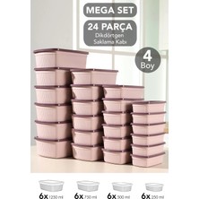 Meleni Home 24LÜ Çizgili Dikdörtgen Saklama Kabı Seti -Mikrodalgaya Uygun Gıda Kabı 1,25L 0,75L 0,5l 0,25L Pembe