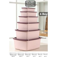 Meleni Home 6'lı Çizgili Dikdörtgen Saklama Kabı Seti - Mikrodalgaya Uygun 6 Boy Düzenleyici Gıda Kabı Pembe