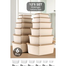 Meleni Home 12'li Çizgili Dikdörtgen Saklama Kabı Seti - Mikrodalgaya Uygun 6 Boy Düzenleyici Gıda Kabı Bej