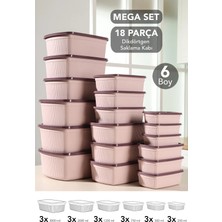 Meleni Home 18'li Çizgili Dikdörtgen Saklama Kabı Seti - Mikrodalgaya Uygun 6 Boy Düzenleyici Gıda Kabı Pembe