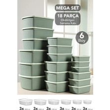 Meleni Home 18'li Çizgili Dikdörtgen Saklama Kabı Seti - Mikrodalgaya Uygun 6 Boy Düzenleyici Gıda Kabı Yeşil