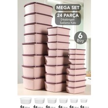 Meleni Home 24'lü Çizgili Dikdörtgen Saklama Kabı Seti - Mikrodalgaya Uygun 6 Boy Düzenleyici Gıda Kabı Pembe