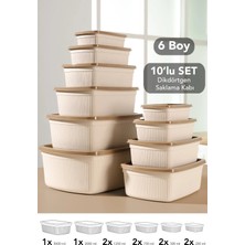 Meleni Home 10'lu Çizgili Dikdörtgen Saklama Kabı Seti - 6 Boy Mikrodalgaya Uygun Düzenleyici Gıda Kabı Bej