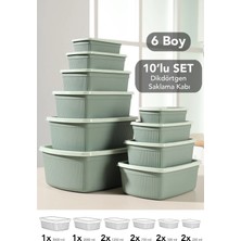 Meleni Home 10'lu Çizgili Dikdörtgen Saklama Kabı Seti - 6 Boy Mikrodalgaya Uygun Düzenleyici Gıda Kabı Yeşil