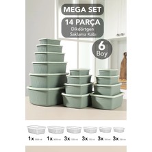 Meleni Home 14'lü Çizgili Dikdörtgen Saklama Kabı Seti - 6 Boy Mikrodalgaya Uygun Düzenleyici Gıda Kabı Yeşil