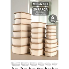 Meleni Home 20'li Çizgili Dikdörtgen Saklama Kabı Seti - 6 Boy Mikrodalgaya Uygun Düzenleyici Gıda Kabı Bej