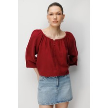 Mixray 4707 Kadın Yakası Büzgülü Kolu Lastikli Bol Müslin Bluz Bordo