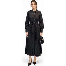 Lale Butik Düğme Detay Poplin Elbise 13233 Siyah
