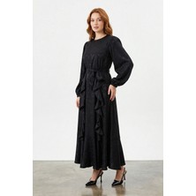 Lale Butik Desenli Jakar Detay Saten Elbise 13255 Siyah