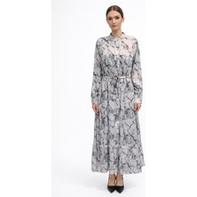 Lale Butik Desenli Saten Elbise 13257 Siyah