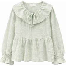 Mixray 4714 Kadın Yakası Volanlı Bol Müslin Bluz Adaçayı