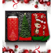 As Gift Yılbaşı Temalı Kişiye Özel Kırmızı Termos & Çam Ağacı Mum & Çorap Hediye Seti