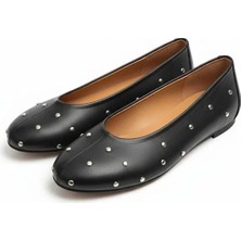 Ne&Ve Shoes Deri Pim Detaylı Yuvarlak Burunlu Kadın Babet