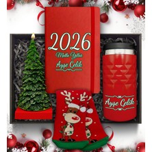 As Gift Yılbaşı Temalı Kişiye Özel Kırmızı Termos &çam Ağacı Mum & Defter & Çorap Hediye Seti