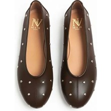 Ne&Ve Shoes Deri Pim Detaylı Yuvarlak Burunlu Kadın Babet